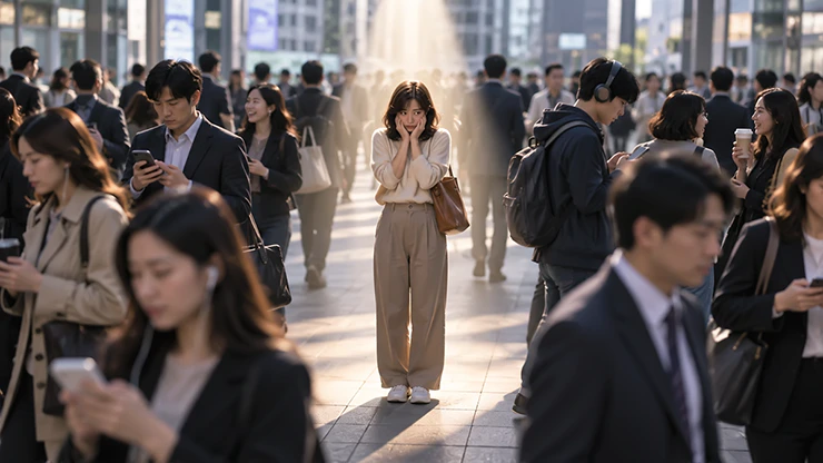 사람들의 시선을 의식하지만 주변 사람들은 각자의 일에 집중하는 스포트라이트 효과 이미지