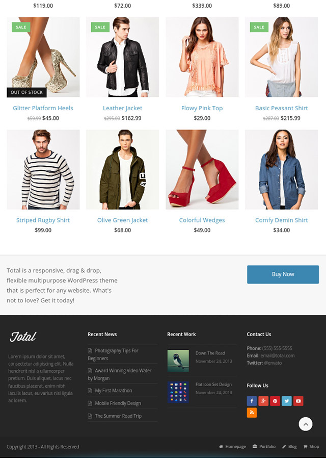 모바일에서 본 이 테마 워드프레스 쇼핑몰과 푸터(Footer) 부분 Total-Responsive-Multi-Purpose-WordPress-Theme