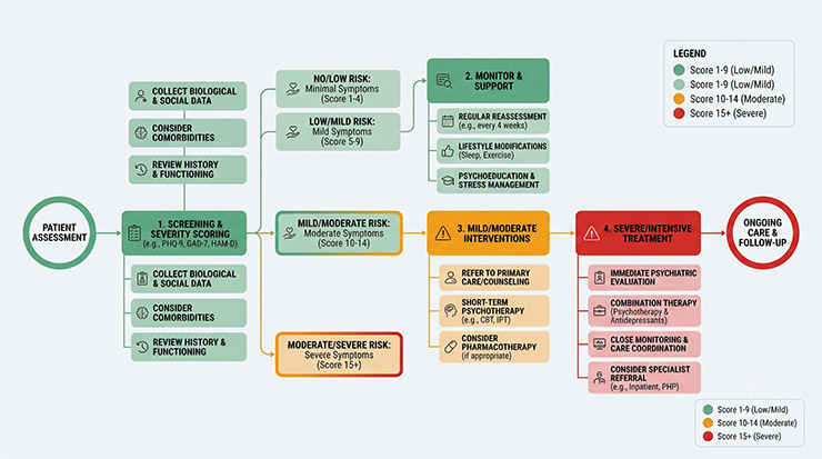 Medical workflow diagram outlining the treatment paths for PHQ-9 depression score severity tiers