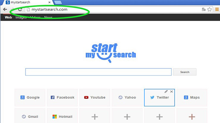 mystartsearch에 감염되어 시작 페이지가 변경된 크롬 브라우저 화면