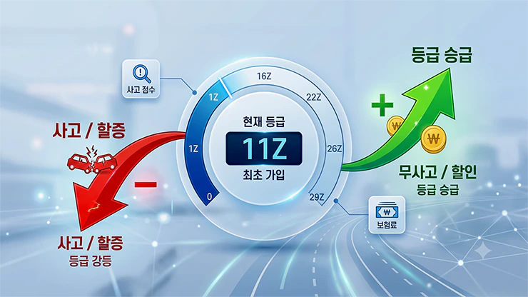 자동차보험 할인할증등급 제도(1Z~29Z)를 시각화한 인포그래픽 대시보드. 무사고 시 할인(UP), 사고 시 할증(DOWN) 화살표와 함께 최초 가입 등급인 11Z가 중앙에 강조되어 있다.