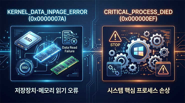 Windows 블루스크린 오류인 Kernel Data Inpage Error와 Critical Process Died의 원인 및 점검 순서 비교 인포그래픽