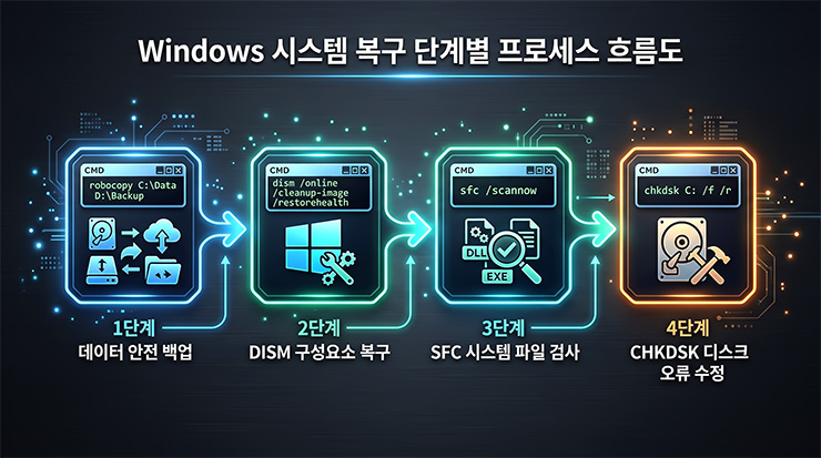 Windows 시스템 복구를 위한 DISM, SFC, CHKDSK 명령어 실행 단계별 프로세스 차트