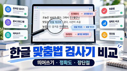 한글 맞춤법 검사기 비교 이미지로, 노트북의 띄어쓰기 교정 화면과 온라인 검사기·문서 프로그램의 정확도 및 장단점을 보여주는 인포그래픽 특성 이미지