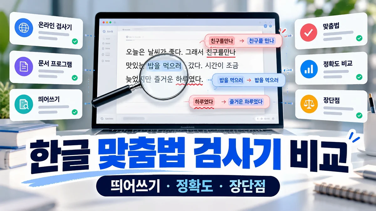 한글 맞춤법 검사기 비교 이미지로, 노트북의 띄어쓰기 교정 화면과 온라인 검사기·문서 프로그램의 정확도 및 장단점을 보여주는 인포그래픽 대표 이미지