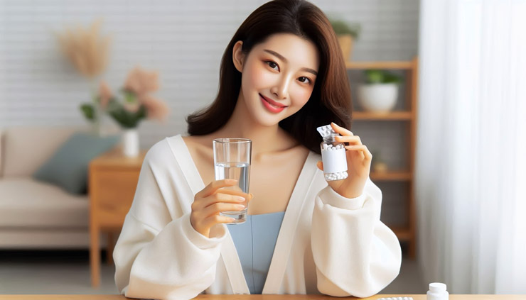 히알루론산 영양제와 물 한 잔을 들고 있는 사람