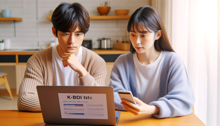 K-BDI 우울증 테스트를 진행하는 심리 진단 남성과 여성의 이미지