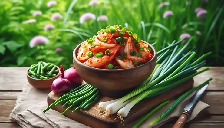 건강한 식단에 포함된 대파, 쪽파, 양파 김치
