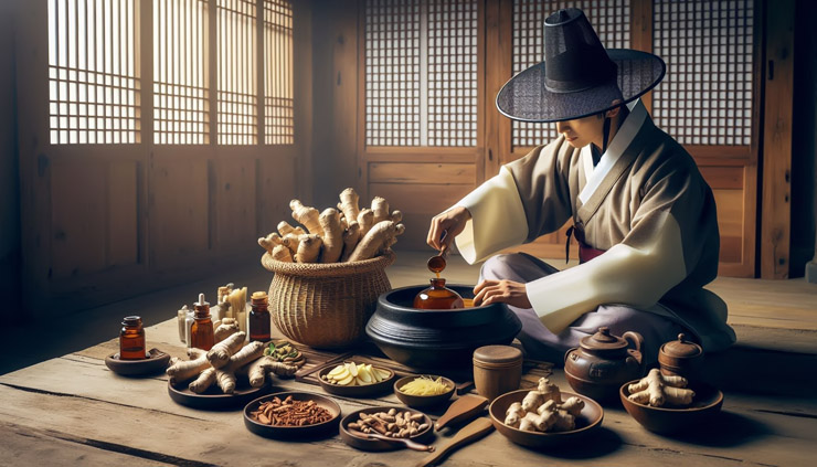 동의보감에서 기록된 생강의 면역력 증진과 가래 제거 효능을 설명하는 이미지