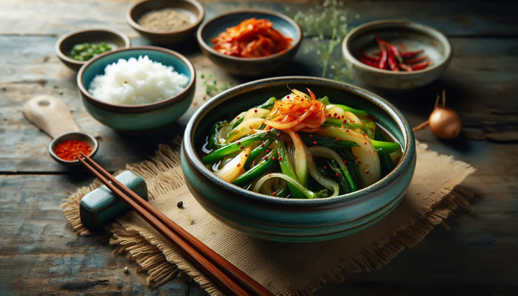 전통 한국식 그릇에 담긴 완성된 대파 김치
