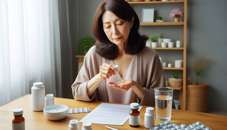 호르몬 요법을 위한 약을 복용하는 여성