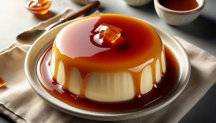카라멜 소스가 얹어진 부드러운 프랑스식 푸딩 크렘 카라멜