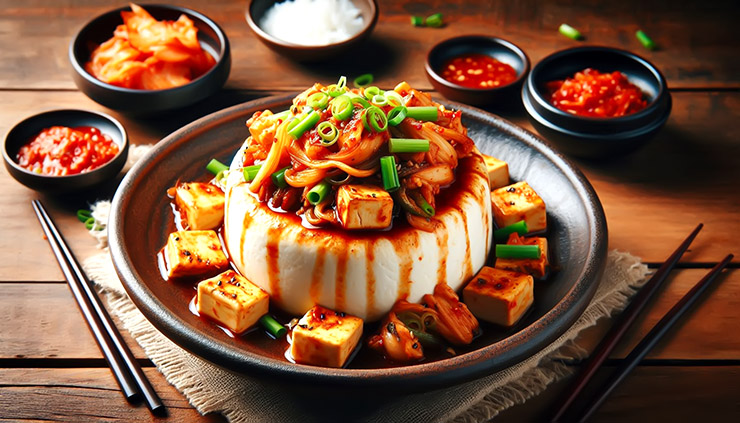 두부 김치, 한국 전통 요리로 고소한 두부 위에 볶은 김치와 돼지고기가 올려진 모습