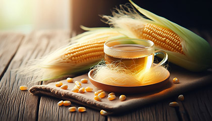 옥수수 수염차가 담긴 투명한 유리 잔과 신선한 옥수수 수염차 효능