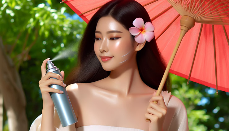 탈모 예방, 머리카락을 보호하는 자외선 차단 스프레이 사용 중인 사람