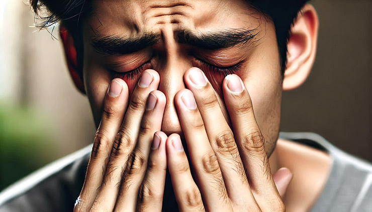 건조한 눈을 표현하는 사람의 얼굴
