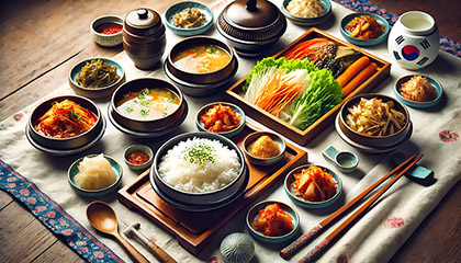 한식 상차림에 올려진 김치와 밥