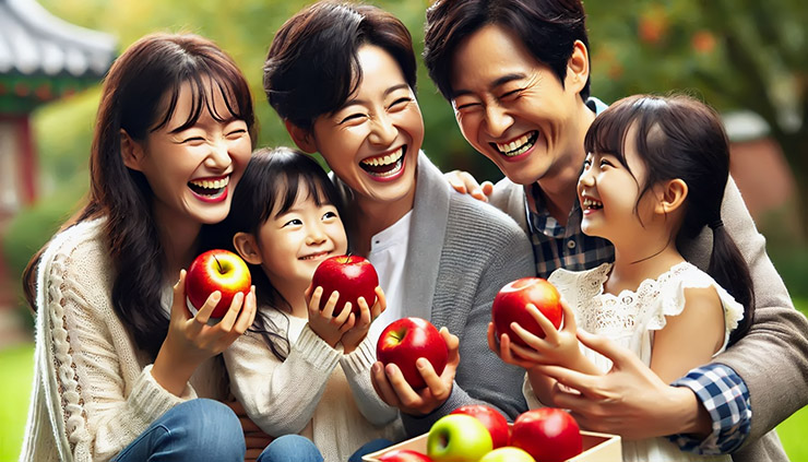 가족이 함께 신선한 사과를 먹는 따뜻한 순간.
