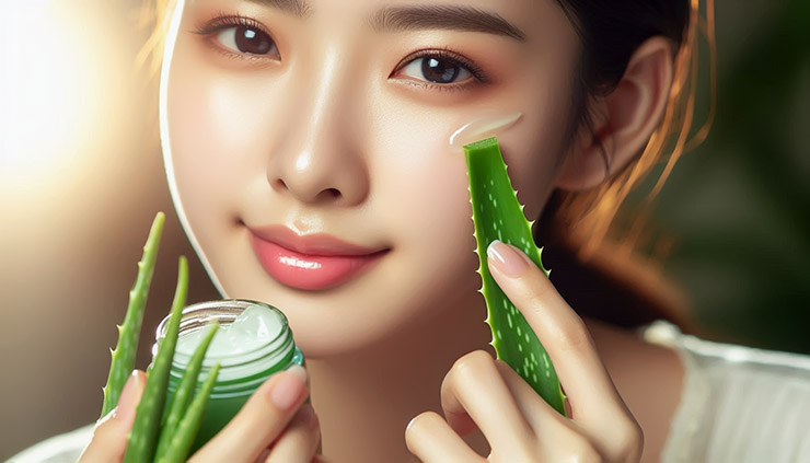 알로에 효능 부작용 : 알로에 젤을 바르는 여성 피부 클로즈업