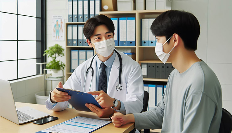 보건소에서 진료기록을 찾아주는 공무원과 환자의 상담 장면