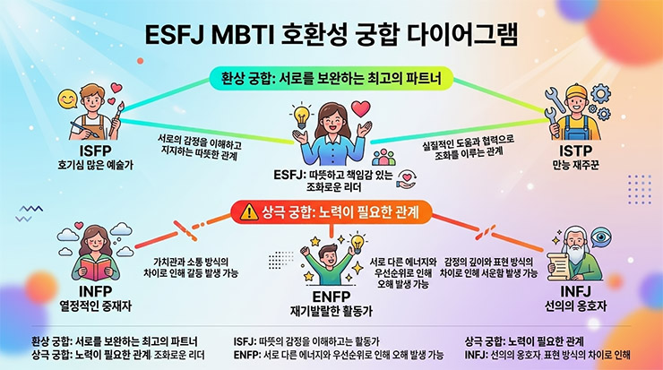 ESFJ MBTI 호환성 궁합 다이어그램: ISFP, ISTP와 환상 궁합, 노력이 필요한 상극 궁합으로 INFP, ENFP, INFJ