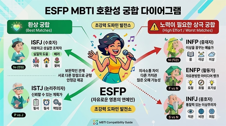 ESFP MBTI 호환성 궁합 다이어그램: ISFJ, ISTJ와 환상 궁합