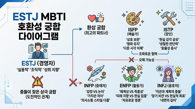 ESTJ MBTI 호환성 궁합 다이어그램: ISFP, ISTP와 환상 궁합