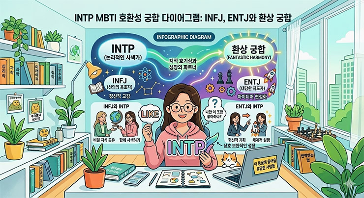 INTP MBTI 호환성 궁합 다이어그램: INFJ, ENTJ와 환상 궁합