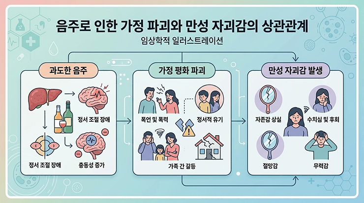음주로 인한 가정의 평화 파괴와 만성 자괴감 발생의 상관관계를 나타낸 임상학적 일러스트레이션