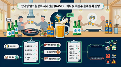한국 특유의 회식 및 폭탄주 음주 문화를 반영한 한국형 알코올 중독 자가진단 NAST 검사 특성 이미지