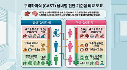 남성(CAST-M)과 여성(CAST-F)의 생물학적 알코올 대사 차이에 따른 구리하마식 진단 기준점 비교 도표 특성 이미지