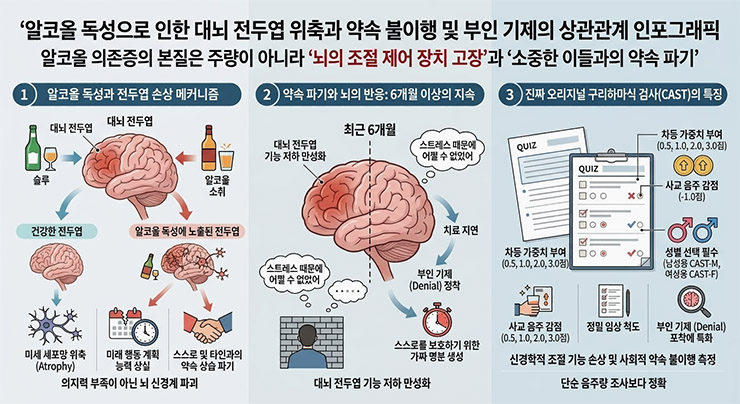 알코올 독성으로 인한 대뇌 전두엽 위축과 약속 불이행 및 부인 기제의 상관관계 인포그래픽