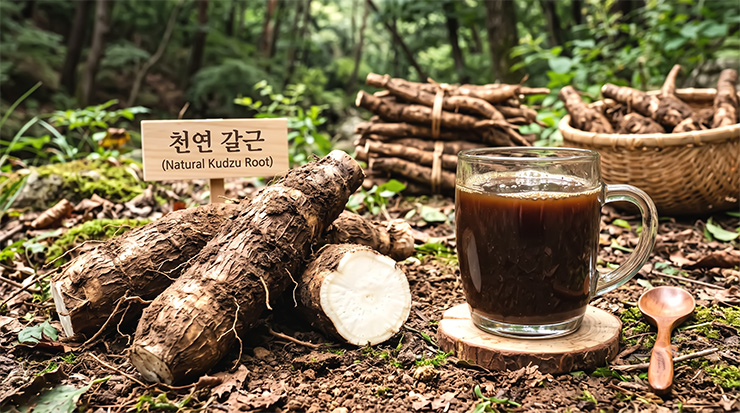 흙 속의 진주라 불리는 천연 갈근 칡뿌리와 진하게 착즙된 칡즙의 모습