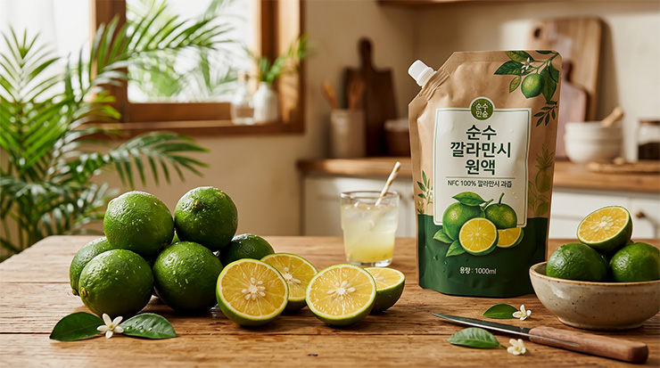 신선한 초록색 깔라만시 과일 원물과 반으로 잘려 노란 과육이 드러난 모습 및 대용량 원액 팩