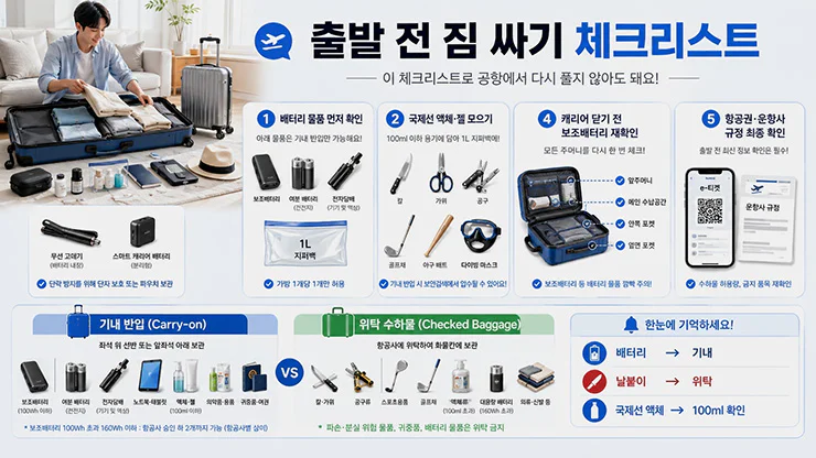 비행기 기내 수하물과 위탁 수하물을 나누는 출발 전 체크리스트