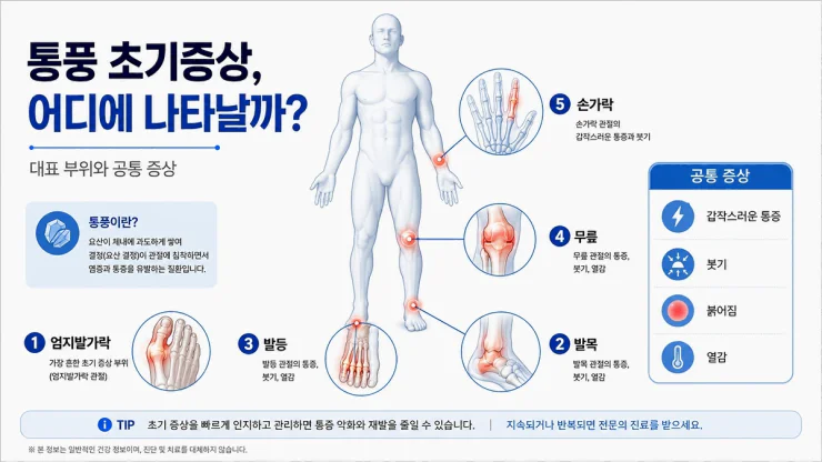 통풍 초기증상이 자주 나타나는 엄지발가락, 발목, 발등, 무릎, 손가락 위치를 설명한 이미지