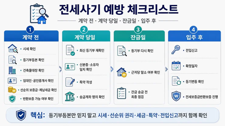 전세사기 예방 체크리스트 계약 전 계약 당일 잔금일 입주 후 확인 항목 본문 이미지