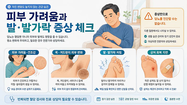 당뇨와 관련될 수 있는 피부 가려움, 목 피부 변화, 발과 발가락 저림 및 상처 확인 이미지