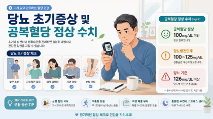 당뇨 초기증상과 공복혈당 정상 수치를 한눈에 보여주는 설명 특성 이미지
