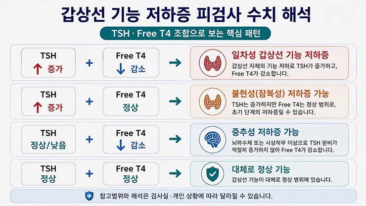 갑상선 기능 저하증 피검사 수치 TSH Free T4 조합 해석표