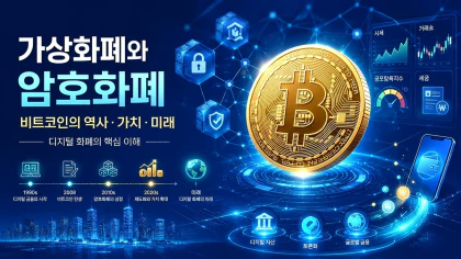 가상화폐와 암호화폐의 차이, 비트코인의 역사와 가치, 디지털 화폐의 미래를 표현한 일러스트
