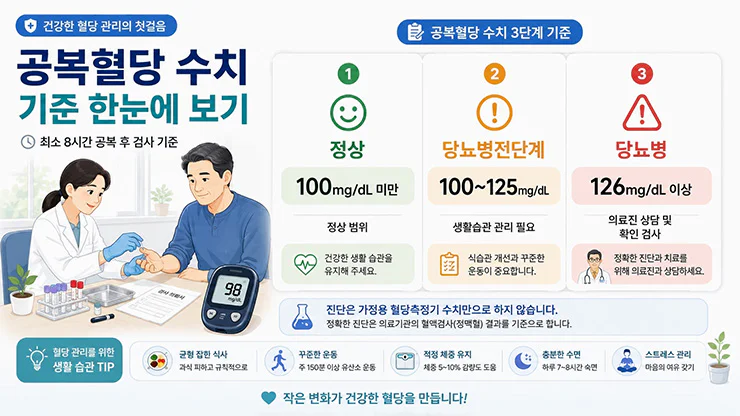 공복혈당 100 미만 정상, 100에서 125 당뇨병전단계, 126 이상 당뇨병 기준 비교