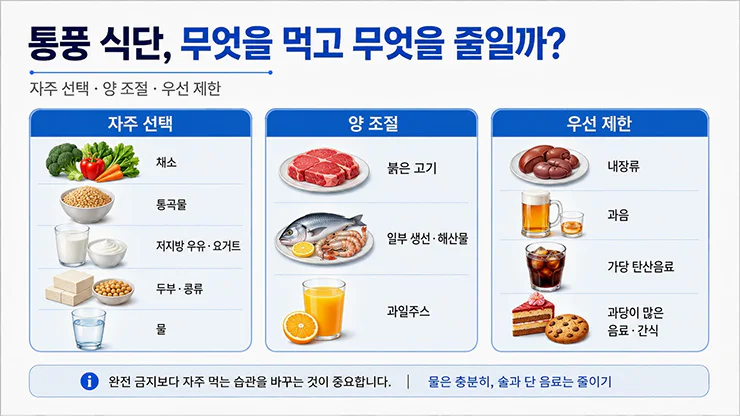 통풍 요산 수치 낮추는 음식과 줄여야 할 음식 비교 이미지