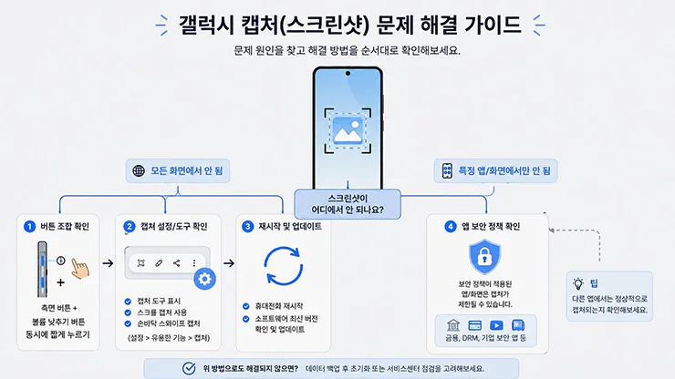 갤럭시 화면 캡처 안됨 원인을 버튼 설정 툴바 보안 정책 순서로 확인하는 일러스트