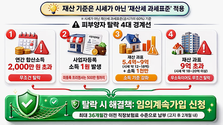 건강보험 피부양자 자격 박탈 4대 기준 및 임의계속가입 제도 절세 다이어그램