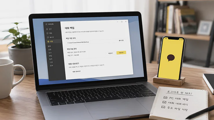 카카오톡 PC버전에서 대화내용 백업과 내보내기를 확인하는 모습