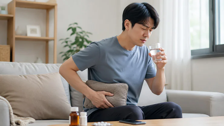 요로결석 통증이 있을 때 물을 조금씩 마시며 진료 여부를 확인하는 모습