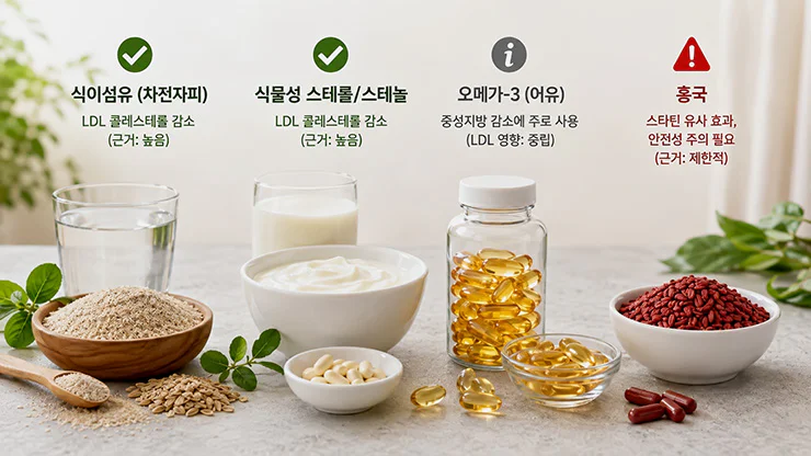 LDL 콜레스테롤 낮추는 영양제 차전자피 식물스테롤 오메가3 홍국 근거 비교