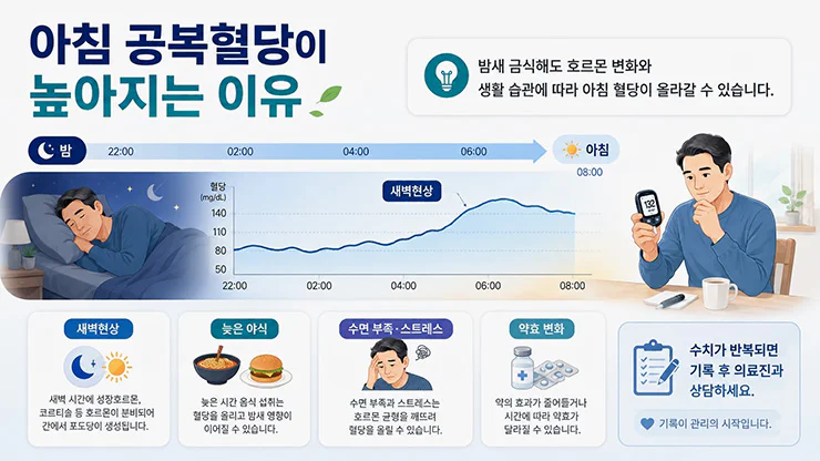 새벽현상으로 아침 공복혈당이 상승하는 과정을 보여주는 혈당 변화 그래프