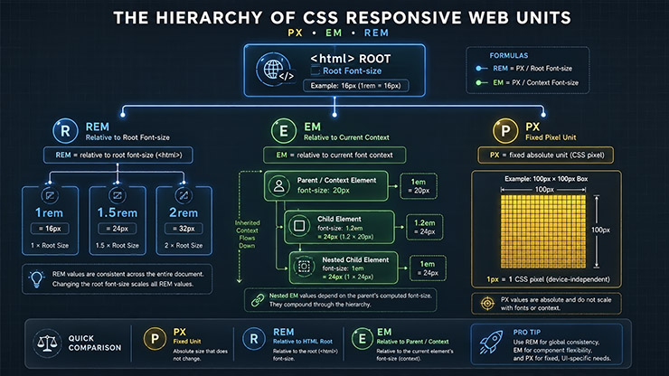 CSS PX REM EM 단위의 기준 차이와 HTML Root 및 요소 글꼴 문맥 구조